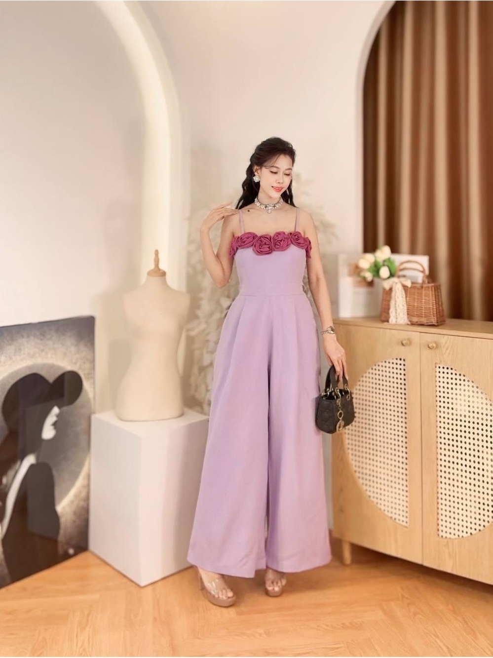 Women’s Lavender Strapless Wide-Leg Jumpsuit with Rose Trim